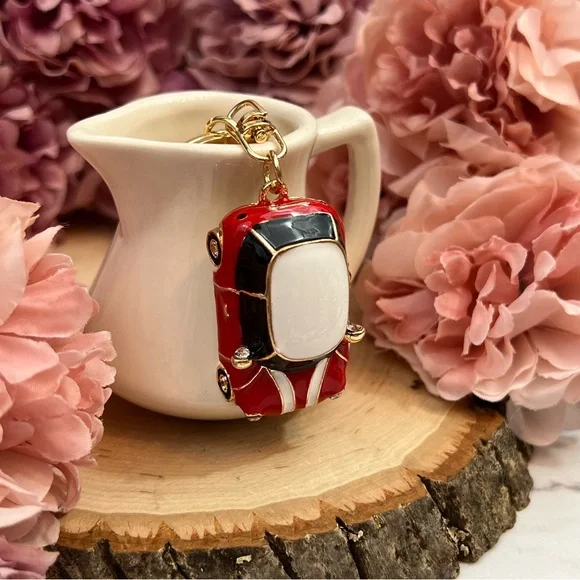 Retro Red and White Mini Cooper Car Keychain Charm - Picture 4 of 16